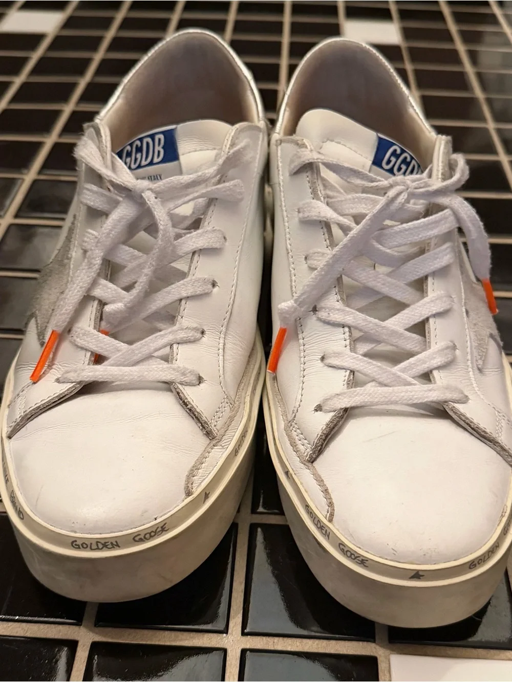 Golden Goose White Leather Sneakers with Gray Star and Orange Lace Tips